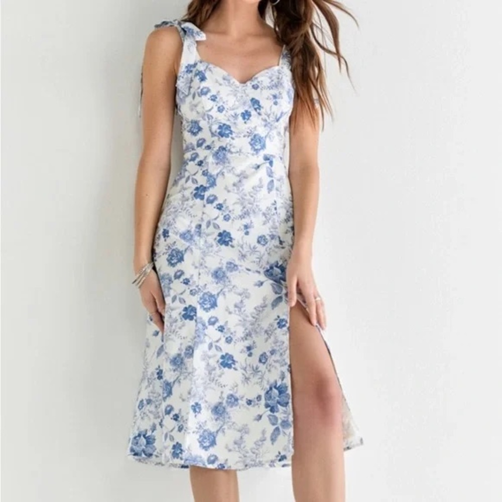 NEW Francesca's Cotton Floral Sleeveless Bow Strap Midi Dress White Blue Sz XL